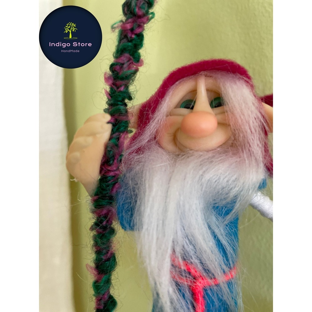 NWT Handmade Gnome Figurine on Swing Whimsical Elf Decor Yarn & Felt Nordic Styl